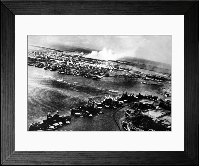 Framed Print : Japanese photograph taken during the attack on Pearl Harbor, Dec. 7, 1941. In the distance, the smoke rises from Hickam Field. (BSLOC_2013_11_136)