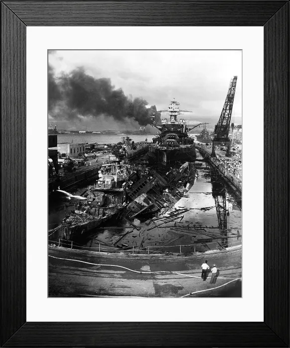 Framed Print : The wreckage of the destroyers USS Downes (left) and USS Cassin at Pearl Harbor dry dock. Both ship's hulls were damaged beyond repair in the Japanese attack of Dec