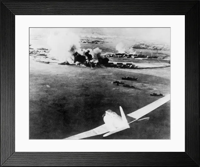 Framed Print : Photograph taken by a Japanese pilot, of the destruction of Pearl Harbor. At lower right is a Japanese bomber. Dec. 7, 1941. (BSLOC_2013_11_137)