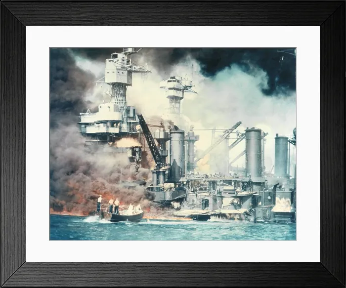 Framed Print : Thick smoke rolls out of the burning USS West Virginia during the Japanese attack on Pearl Harbor, Dec. 7, 1941. Sailors in a small boat rescue a seaman. (BSLOC_2013_11_144) Framed Print : Thick smoke rolls out of the burning USS West Virginia during the Japanese attack on Pearl Harbor, Dec. 7, 1941. Sailors in a small boat rescue a seaman. (BSLOC_2013_11_144)