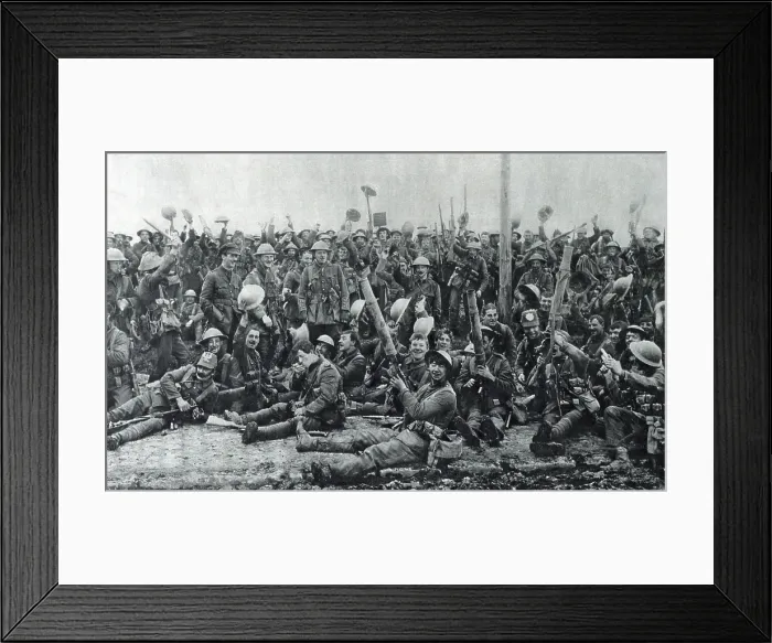 Framed Print : World War 1. British soldiers celebrating their capture of German trenches at St. Eloi, near Ypres, Belgium