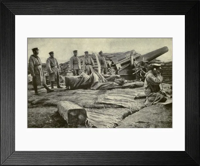 Framed Print : World War 1 in East Asia. Japanese artillerymen awaiting telephone orders from headquarters before the bombardment of the German colony of Tsingtao Framed Print : World War 1 in East Asia. Japanese artillerymen awaiting telephone orders from headquarters before the bombardment of the German colony of Tsingtao