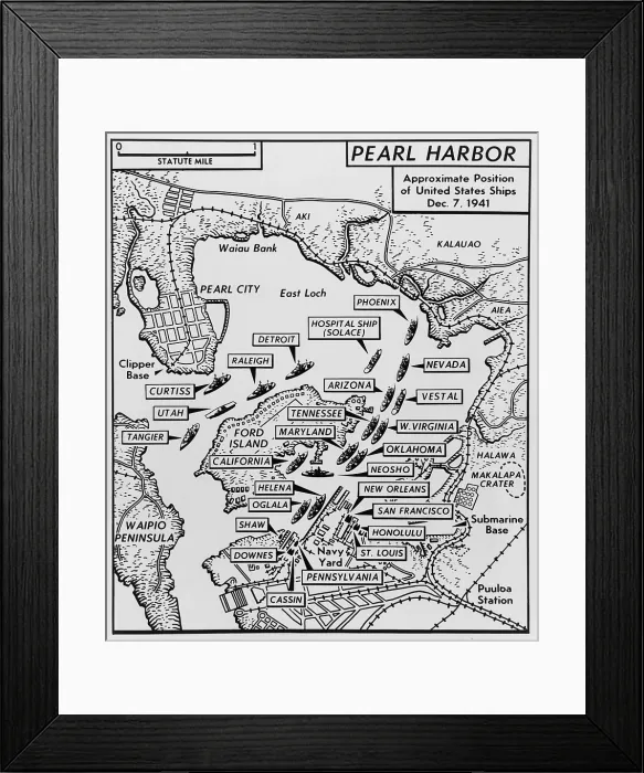 Framed Print : Map of Pearl Harbor with location of ships just prior to the Japanese attack on Dec. 7, 1941. (BSLOC_2013_11_134) Framed Print : Map of Pearl Harbor with location of ships just prior to the Japanese attack on Dec. 7, 1941. (BSLOC_2013_11_134)