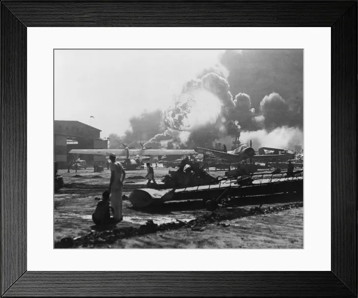 Framed Print : Explosion at Pearl Harbor seen from Hickam Field. Japanese attack on Pearl Harbor, Dec. 7, 1941