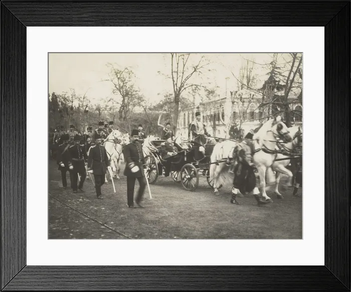 Framed Print : Ottoman Sultan Mehmed V in a carriage followed by the Young Turk Enver Pasha on white horse. Mehmed V, who reigned from Apr