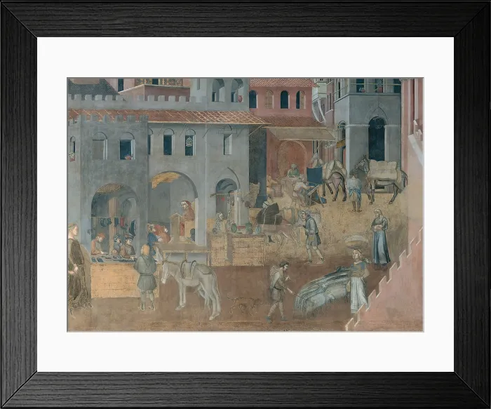 Framed Print : Lorenzetti Ambrogio, The Effects of Good Government in the City, 1338 - 1339, 14th Century, fresco, Italy, Tuscany, Siena, Palazzo Pubblico