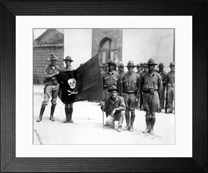 Framed Print : U.S. Marines captured a flag of rebel forces led by Augusto Sandino in 1932. After the Marines supervised the 1932 Presidential election they withdrew to the U.S. in 1933