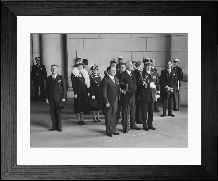 Framed Print : Presidents Franklin Roosevelt and Anastasio Somoza of Nicaragua. Group stands at attention during 21-gun salute in Somoza's honor, May 5, 1939