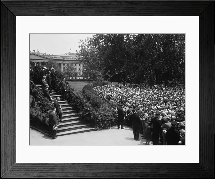 Framed Print : President Calvin Coolidge addressing delegates to the Nat'l Assoc. of Real Estate Boards. June 1924, from the steps of the South portico of the White House