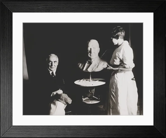 Framed Print : Senator Warren Harding, Republican nominee for President, posing beside sculpture of himself. Photo was taken with Helen Osborn, the sculptor. Marion, Ohio, Oct. 14, 1920 Framed Print : Senator Warren Harding, Republican nominee for President, posing beside sculpture of himself. Photo was taken with Helen Osborn, the sculptor. Marion, Ohio, Oct. 14, 1920