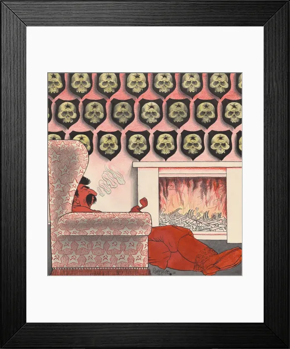Framed Print : 1936 Cartoon on Joseph Stalin's party purges. Stalin sits in front of a fireplace filled with bones. Human skulls with a single hole in the forehead hang on the wall