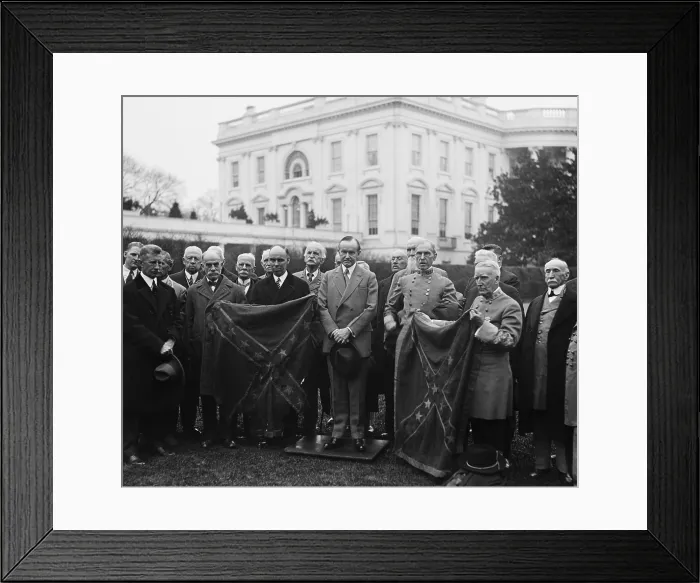 Framed Print : President Calvin Coolidge with Confederate group holding Star and Bars flag. White House, Dec. 1927. (BSLOC_2015_15_128)