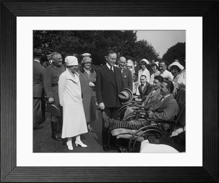Framed Print : President Calvin Coolidge and First Lady visiting disabled World War 1 veterans. Ca. 1923-28. (BSLOC_2015_15_129)