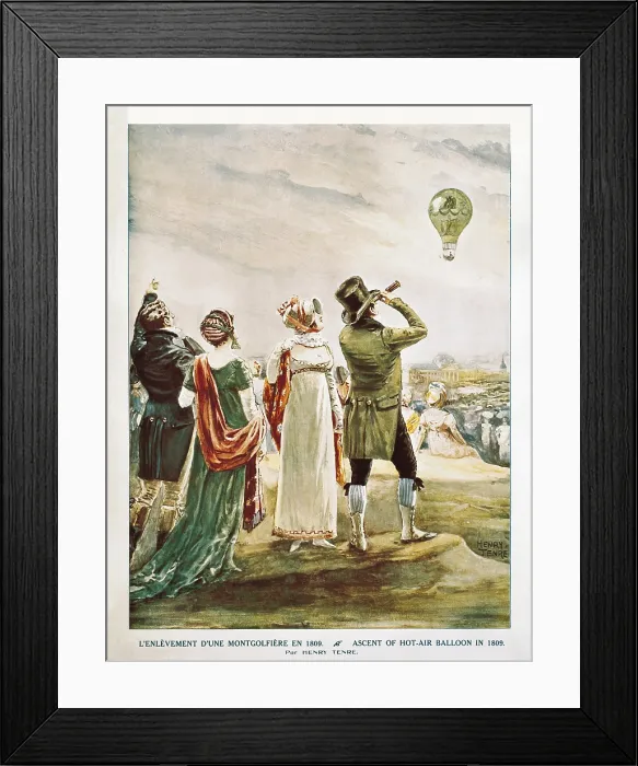 Framed Print : TENRE, Henry Charles (1864-1926). Launching of a Montgolfier in 1809. Illustration from a 19th century manifesto. Engraving