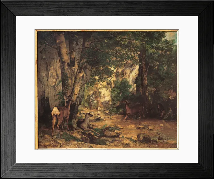 Framed Print : A Thicket of Roe Deer at the Stream of Plaisir Fontaine, by Gustave Courbet, 1866, 19th Century, oil on canvas, cm 174 x 209 - France, Ile de France, Paris, Muse dOrsay. All
