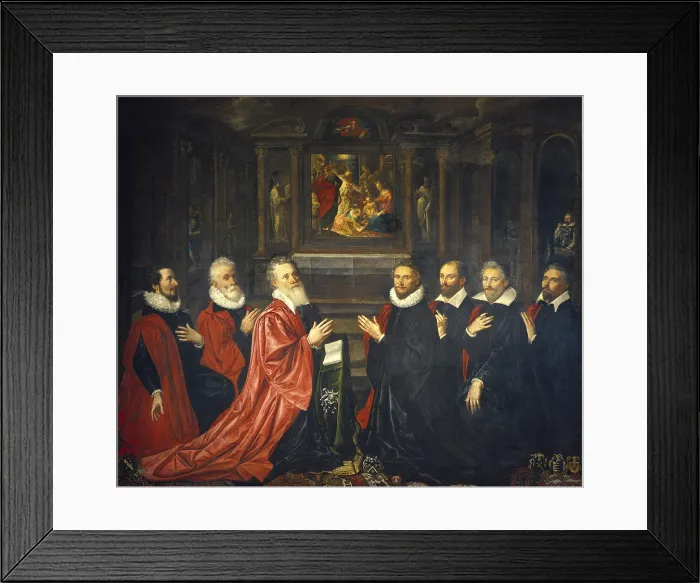 Framed Print : The merchant's chief, Gaston de Grieu and distinguished gentlemen of the city praying. 1614. French school. Baroque art. Oil on canvas. FRANCE. Paris