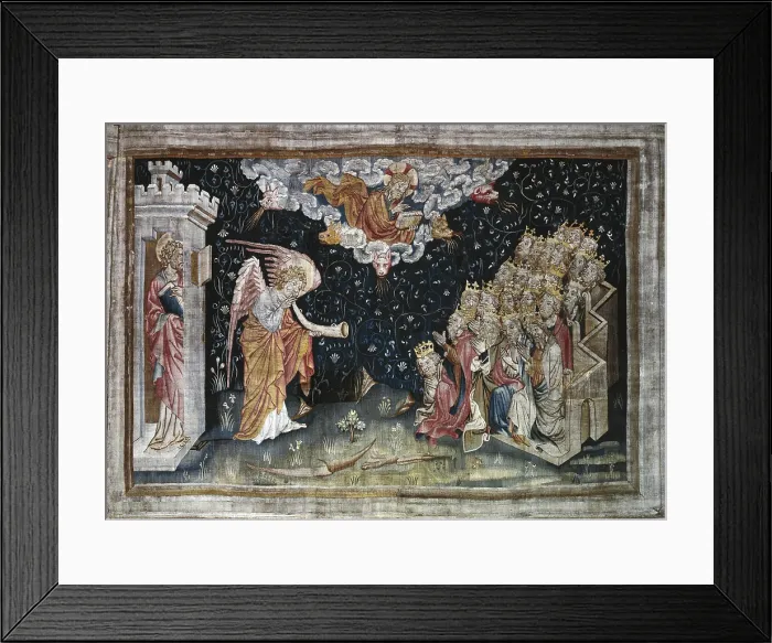 Framed Print : BATAILLE, Nicolas (14th c.). The Seventh Trumpet: announce of Victory. 1375-1382. 34th scene of the Angers Apocalyse Tapestry, commissioned by the Duke Louis of Anjou. Gothic art Framed Print : BATAILLE, Nicolas (14th c.). The Seventh Trumpet: announce of Victory. 1375-1382. 34th scene of the Angers Apocalyse Tapestry, commissioned by the Duke Louis of Anjou. Gothic art