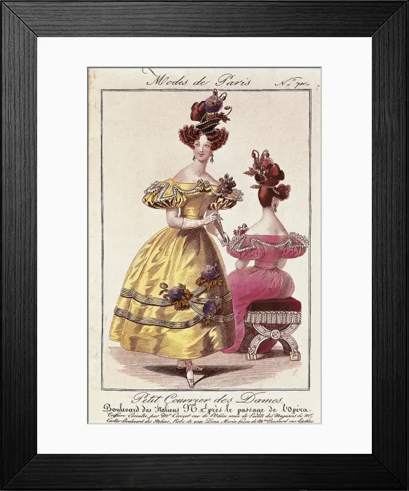Framed Print : Paris fashion. Illustrations of the magazine 'Modes de Paris. Petit Courrier des Dames', published by S.and J.Fuller in London. Color lithograph, 1842. Litography Framed Print : Paris fashion. Illustrations of the magazine 'Modes de Paris. Petit Courrier des Dames', published by S.and J.Fuller in London. Color lithograph, 1842. Litography