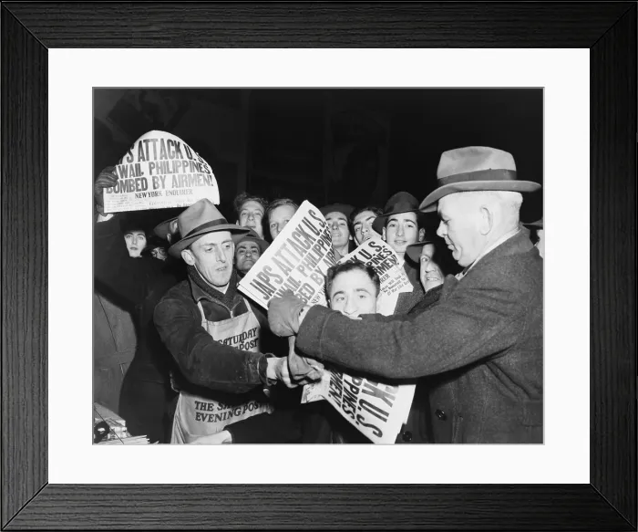 Framed Print : Japs Attack U.S. Hawaii, Philippines bombed by Airmen! Pearl Harbor attack in the headlines of the New York Enquirer. Times Square, New York City, Dec. 8, 1941