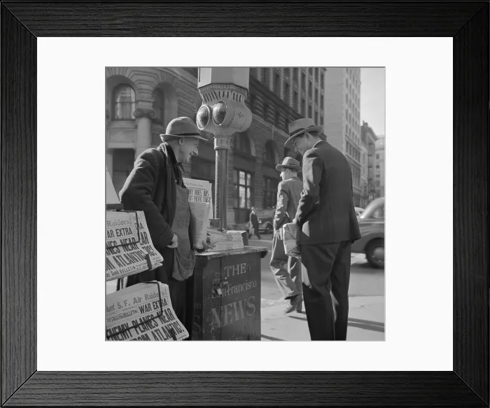 Framed Print : Newspaper stand on Monday morning, Dec. 8, 1941, the day after Japanese attack on Pearl Harbor. Headline reads, ENEMY PLANES NEAR N.Y. FROM ATLANTIC Framed Print : Newspaper stand on Monday morning, Dec. 8, 1941, the day after Japanese attack on Pearl Harbor. Headline reads, ENEMY PLANES NEAR N.Y. FROM ATLANTIC