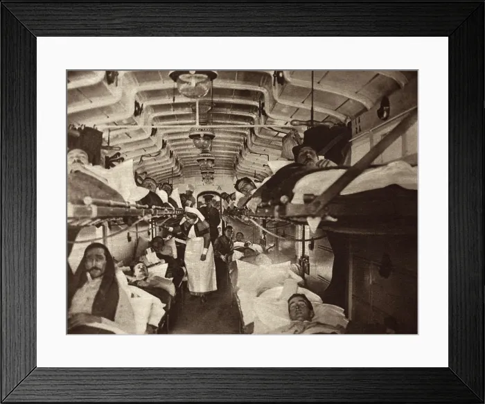 Framed Print : British WW1 wounded evacuated from France in a hospital train. 1914-18. Ambulances will transfer them to the base hospital. (BSLOC_2012_4_67) Framed Print : British WW1 wounded evacuated from France in a hospital train. 1914-18. Ambulances will transfer them to the base hospital. (BSLOC_2012_4_67)