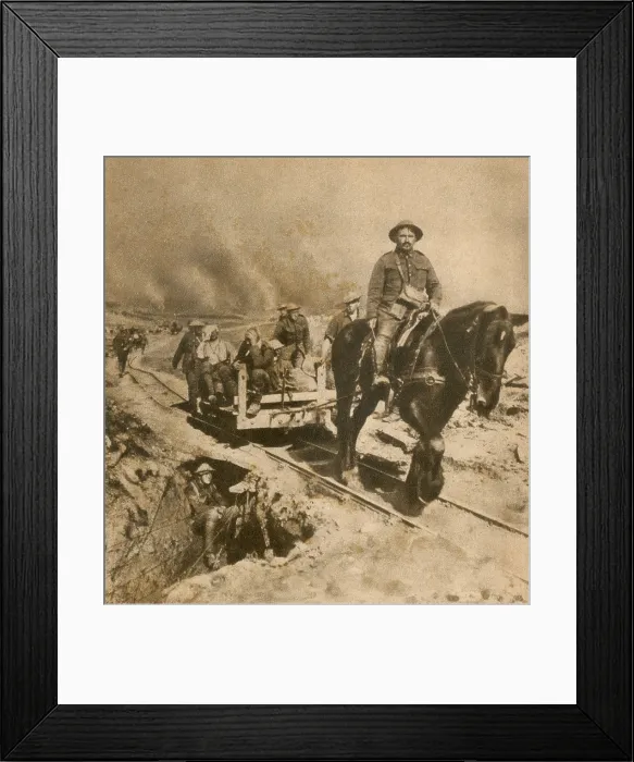Framed Print : Wounded WW1 Canadian soldiers on way to rear dressing station. 1917. The horse drawn narrow gage rails were useful in the water logged battlefields of Flanders. (BSLOC_2012_4_69) Framed Print : Wounded WW1 Canadian soldiers on way to rear dressing station. 1917. The horse drawn narrow gage rails were useful in the water logged battlefields of Flanders. (BSLOC_2012_4_69)
