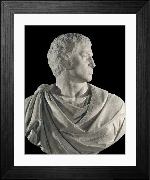 Framed Print : Brutus, by Michelangelo Buonarroti, 1539 - 1540, 16th Century, marble - Italy, Tuscany, Florence, National Museum of Bargello. Whole artwork view. Half-length male bust