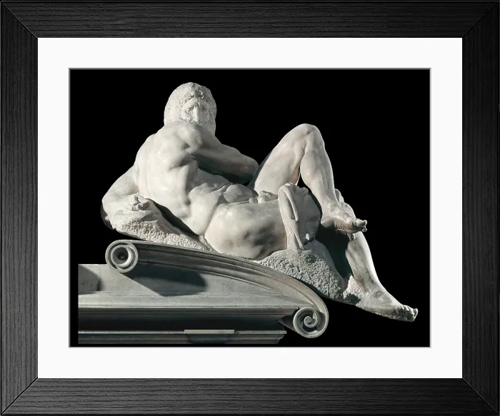 Framed Print : Grave of Giuliano de Medici, by Michelangelo Buonarroti, 1520 - 1534, 16th Century, marble - Italy, Tuscany, Florence, Saint Lawrence Cathedral. Detail. The day, male nude Framed Print : Grave of Giuliano de Medici, by Michelangelo Buonarroti, 1520 - 1534, 16th Century, marble - Italy, Tuscany, Florence, Saint Lawrence Cathedral. Detail. The day, male nude