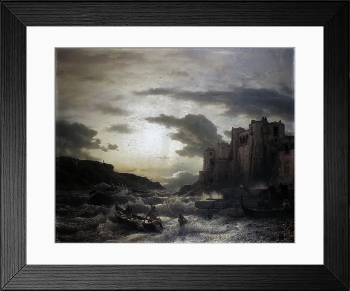 Framed Print : The sunset on a headland in Porto Venere in the gulf in Spezia, by Andreas Achenbach, 1853, 19th Century, oil on canvas - Italy, Lombardy, Milan