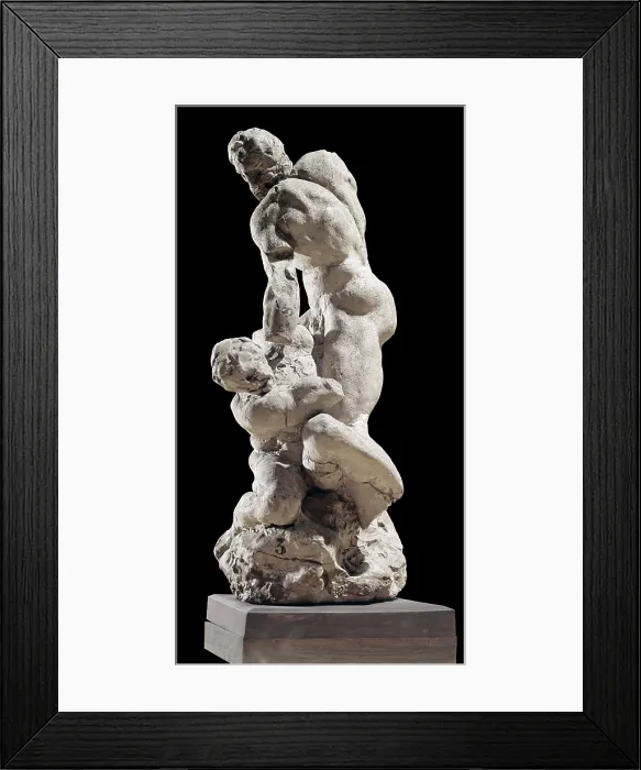 Framed Print : Hercules and Cacus, by Michelangelo Buonarroti, 15th Century, terracotta - Italy, Tuscany, Florence, Buonarroti House. Whole artwork view. Fight scene
