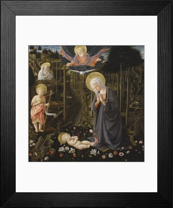 Framed Print : Adoration of the Child, Workshop of Filippo Lippi, 1475 - 1500, 15th Century, tempera on board, 130 x 128 cm - Italy, Tuscany, Florence, Medici Riccardi Palace