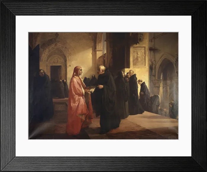 Framed Print : Dante Meets Brother Hilary, by Giuseppe Bertini, 1844 - 1845, 19th Century, oil on canvas, 227 x 162 cm - Italy, Lombardy, Milan, Superintendency of Finance. Whole artwork view Framed Print : Dante Meets Brother Hilary, by Giuseppe Bertini, 1844 - 1845, 19th Century, oil on canvas, 227 x 162 cm - Italy, Lombardy, Milan, Superintendency of Finance. Whole artwork view