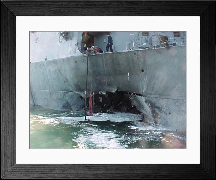 Framed Print : Al Qaeda suicide bombers rammed the USS Cole a destroyer with a 35-foot boat carrying explosives ripping a 32-foot by 36-foot hole in the hull Framed Print : Al Qaeda suicide bombers rammed the USS Cole a destroyer with a 35-foot boat carrying explosives ripping a 32-foot by 36-foot hole in the hull