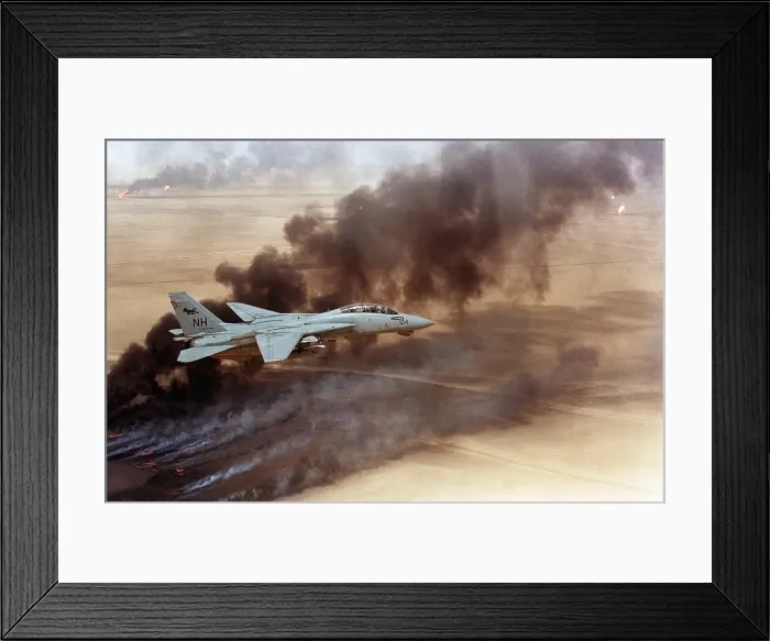 Framed Print : F-14 fighter in flight over burning Kuwaiti oil wells set on fire in March by retreating Iraqi forces were still burning on Aug. 1 1991
