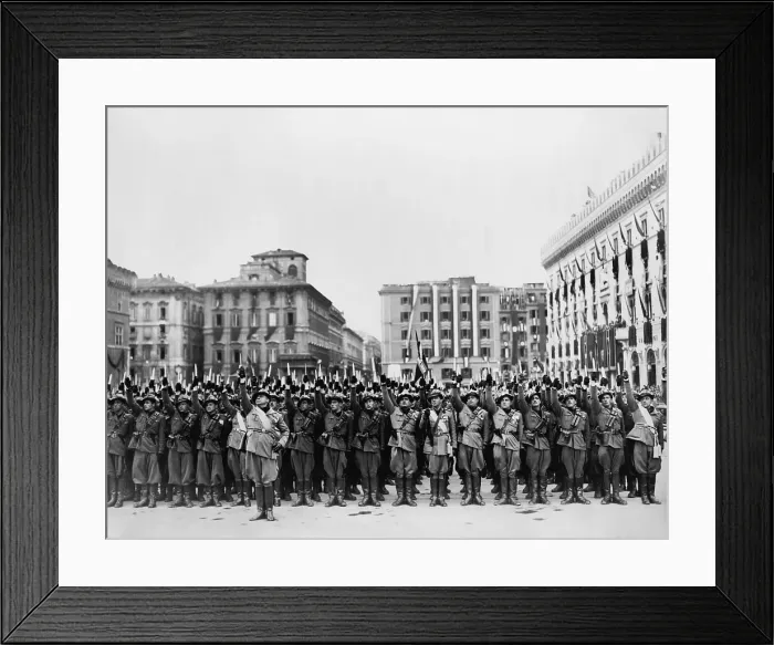 Framed Print : Mussolini leads a large group of Italian fascist troops in the famous dagger salute for visiting Chancellor Adolf Hitler. May 1938. (BSLOC_2013_9_129) Framed Print : Mussolini leads a large group of Italian fascist troops in the famous dagger salute for visiting Chancellor Adolf Hitler. May 1938. (BSLOC_2013_9_129)