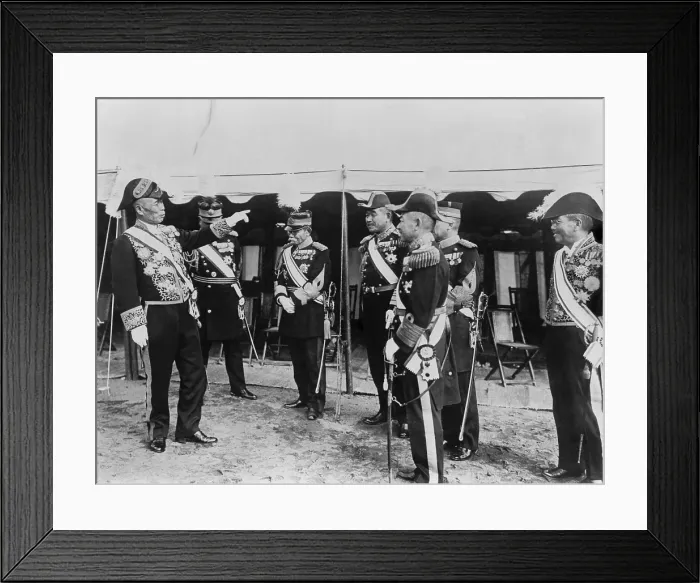 Framed Print : Baron Tanaka, Japan's Premier (left) and other members of the cabinet. The occasion is the first army review of the year by Emperor Hirohito, Tokyo. Ca. 1927 Framed Print : Baron Tanaka, Japan's Premier (left) and other members of the cabinet. The occasion is the first army review of the year by Emperor Hirohito, Tokyo. Ca. 1927