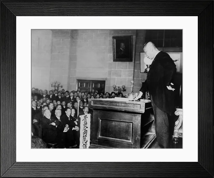 Framed Print : Japanese Premier Baron Tanaka defending his Chinese policy before the Seiyukai Party. The opposition party disagreed with his foreign policies. Tokyo. Ca. 1927-28 Framed Print : Japanese Premier Baron Tanaka defending his Chinese policy before the Seiyukai Party. The opposition party disagreed with his foreign policies. Tokyo. Ca. 1927-28