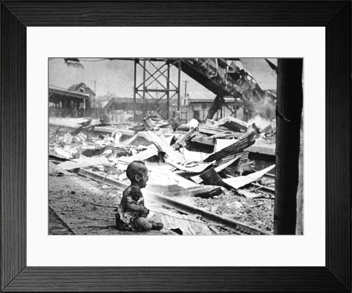 Framed Print : Terrified baby alone in Shanghai's South Station after brutal Japanese bombing. China, August 28, 1937. (BSLOC_2013_9_118) Framed Print : Terrified baby alone in Shanghai's South Station after brutal Japanese bombing. China, August 28, 1937. (BSLOC_2013_9_118)