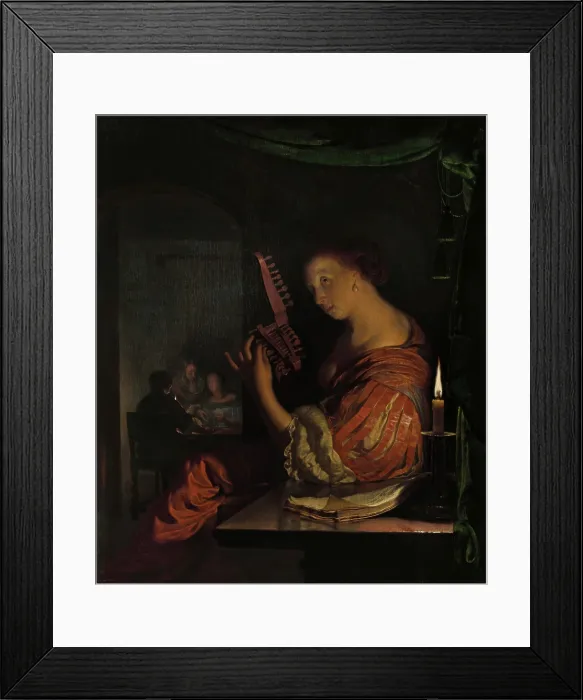 Framed Print : Woman Tuning a Theorbo, by Frans van Mieris (I), 1665, Dutch painting, by oil on panel Framed Print : Woman Tuning a Theorbo, by Frans van Mieris (I), 1665, Dutch painting, by oil on panel