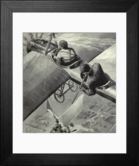 Framed Print : British two-seater monoplane fires on a WW1 German Taube fighter. 1914-15. A rifle is used to shoot the pilot of the German plane. (BSLOC_2012_4_77)