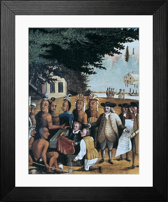 Framed Print : English settlers dealing with Indian people ('redskins'), 17th c. Painting. - Iberfoto / Everett Collection (538657)**US SALES ONLY**