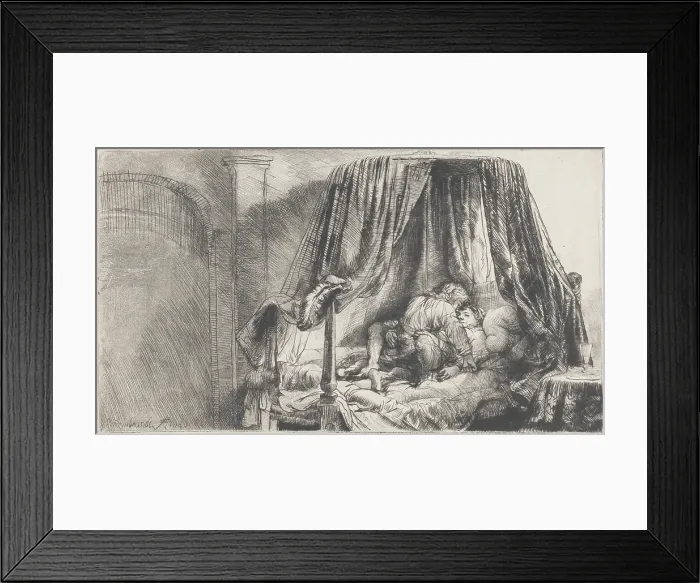 Framed Print : The Bedstead, by Rembrandt van Rijn, 1646, Dutch print, etching on paper. This is one of Rembrandt's few erotic works. It depicts a clothed man and women making love on a bed Framed Print : The Bedstead, by Rembrandt van Rijn, 1646, Dutch print, etching on paper. This is one of Rembrandt's few erotic works. It depicts a clothed man and women making love on a bed