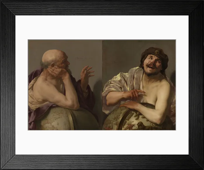 Framed Print : Portrait of pre-Socratic philosophers Heraclitus of Ephesus and Democritus of Thrace. They are called the Crying Philosopher and Laughing Philosopher Framed Print : Portrait of pre-Socratic philosophers Heraclitus of Ephesus and Democritus of Thrace. They are called the Crying Philosopher and Laughing Philosopher