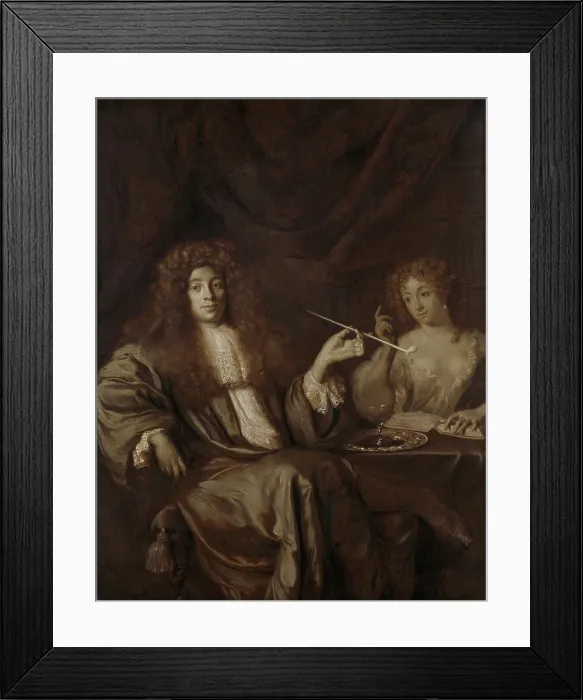 Framed Print : Writer Adriaan van Beverland, with a Prostitute, attrib. to Ary de Vois, 1670-80, Dutch painting, oil on canvas. He was the author of Theological Works and Satirist Framed Print : Writer Adriaan van Beverland, with a Prostitute, attrib. to Ary de Vois, 1670-80, Dutch painting, oil on canvas. He was the author of Theological Works and Satirist