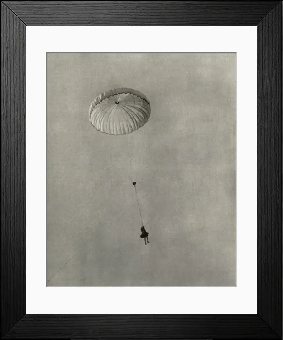 Framed Print : WW1 British observer escaping from his shot down balloon by parachute. 1917. (BSLOC_2012_4_82)