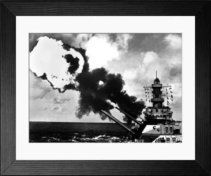 Framed Print : 16 inch guns of the USS IOWA firing during World War 2 battle drill in the Pacific. Ca. 1944. (BSLOC_2013_11_193)