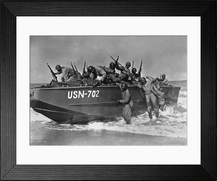 Framed Print : African American sailors training for amphibious landings at near Norfolk, Virginia, ca. 1942. They are Navy Seabees, members of Naval Construction Battalions during World War 2