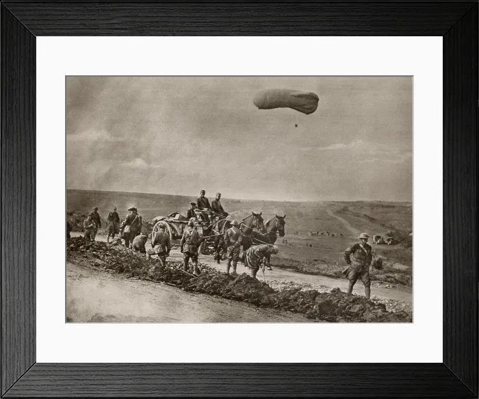 Framed Print : U.S. WW1 engineers repairing shelled roads as observation balloon hovers near. 1918 Framed Print : U.S. WW1 engineers repairing shelled roads as observation balloon hovers near. 1918