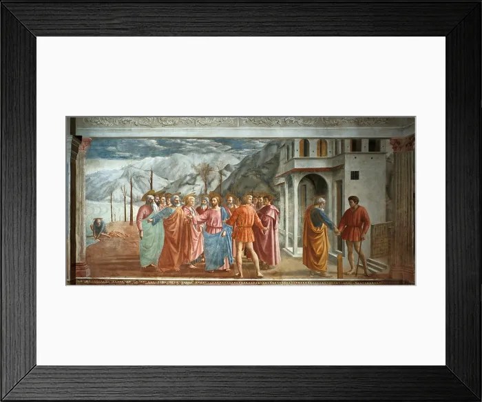 Framed Print : Tribute Money, by Tommaso di Ser Giovanni Cassai known as Masaccio, 1425 about, 15th Century, fresco, cm 255 x 598 - Italy, Tuscany, Florence, Santa Maria del Carmine church Framed Print : Tribute Money, by Tommaso di Ser Giovanni Cassai known as Masaccio, 1425 about, 15th Century, fresco, cm 255 x 598 - Italy, Tuscany, Florence, Santa Maria del Carmine church