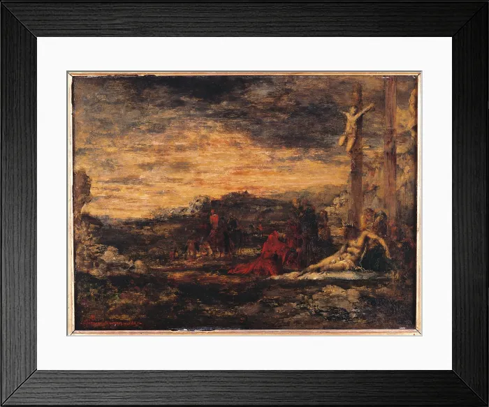 Framed Print : Calvary, by Gustave Moreau, 1867 about, 19th Century, oil on panel, cm 24 x 32 - France, Ile de France, Paris, Muse dOrsay. All. Calvary mountain cross Christ Magdalene red